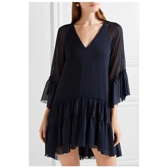 Alice + Olivia Zoey Ruffled Sapphire Tunic Dress in Navy Blue Size L - Picture 2 of 16